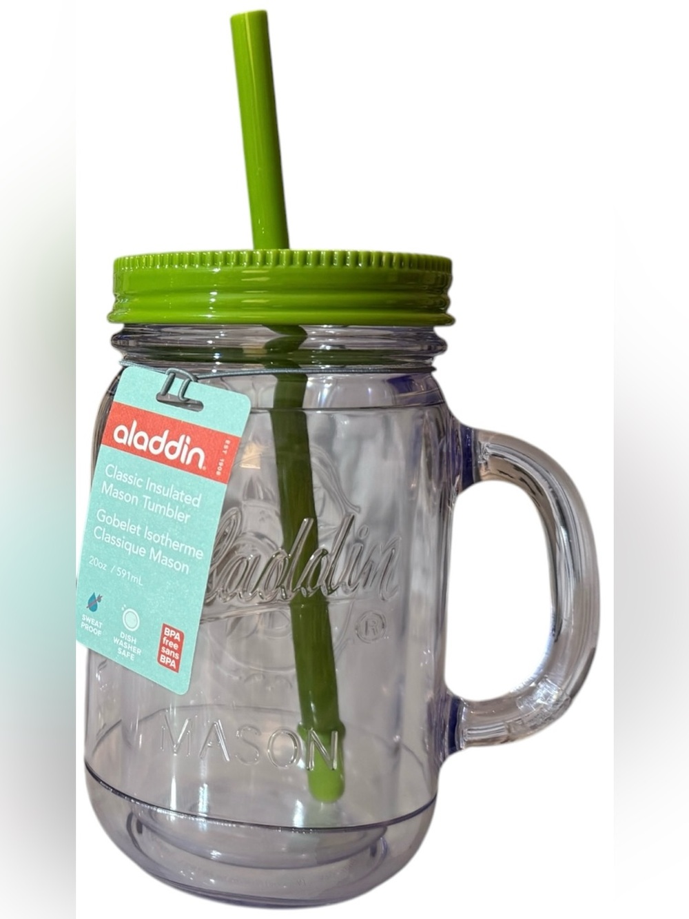 ONE Aladdin Classic Double-walled Mason Tumbler w/Lime Green Lid & Straw, 20 oz.